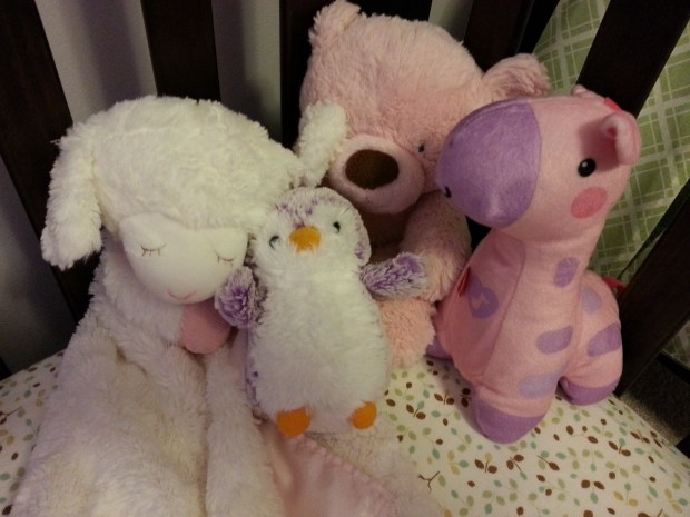 The Sleep Entourage: Lambie, Purple Pingu, Bear, and Giraffe