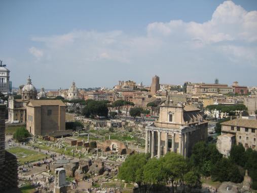 The view from Palatine Hill encompasses the Roman Forum and Coliseum.