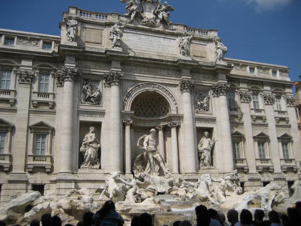 Trevi Fountain. We had a terribly hard time finding this beloved landmark. We were, in fact, trying to find the Column of Marcus Aurelius, got lost in some twisty Roman side streets, and found Trevi Fountain by chance.